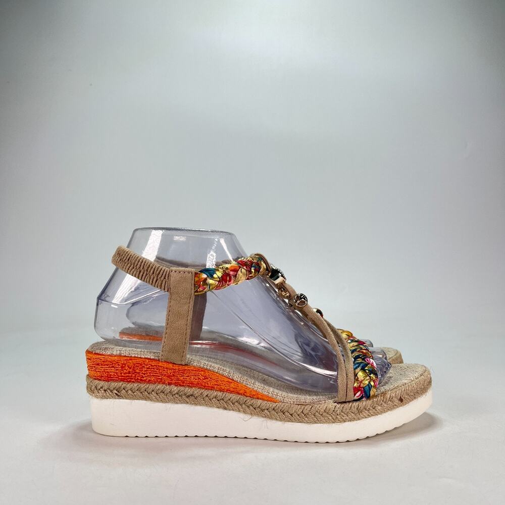Brown Orange Bohemian Beaded Espadrille Wedge Sandals Women's Size US 8.5 EU 39